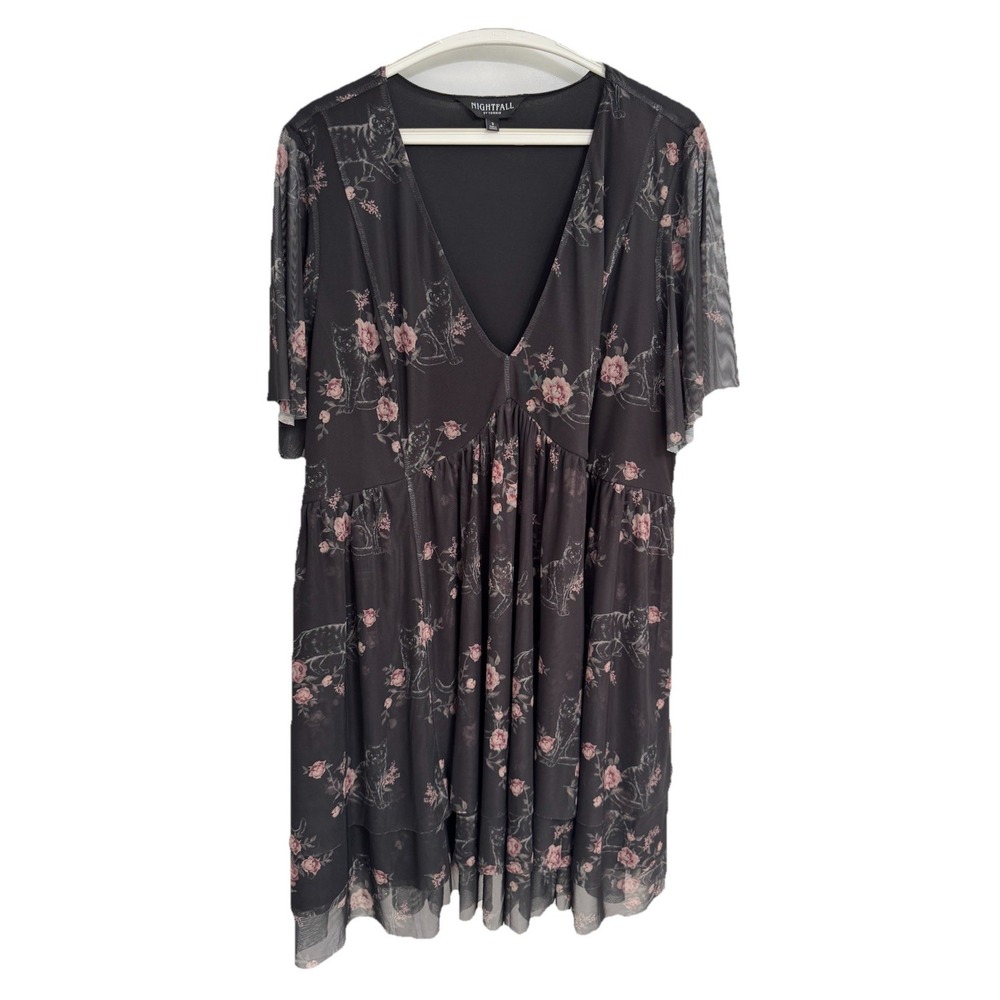Torrid Nightfall Size 3 Deep V Neck Black Tiered Dress Mesh Floral Cats Romantic